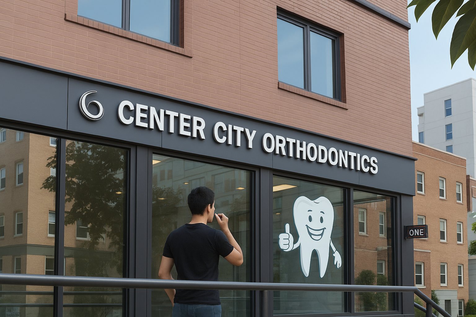 The Center City Orthodontics storefront, with a smiling tooth mascot on the window