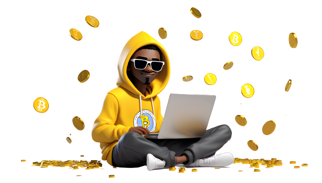 A student in a yellow Kandle hoodie and sunglasses sits cross-legged with a laptop while gold crypto coins rain down around him