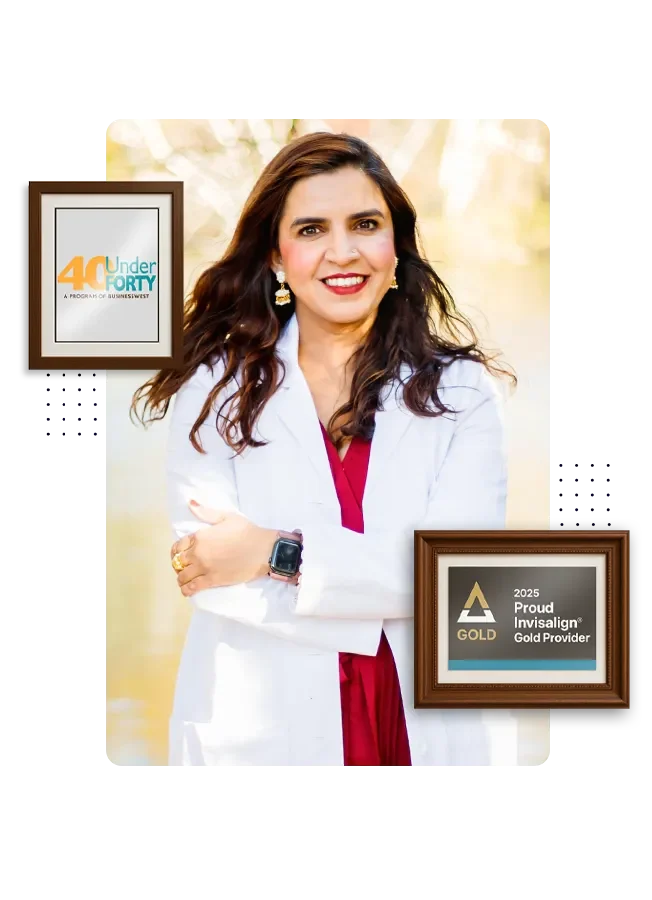 Dr. Divya Mudumba in a white coat, with her 40 Under Forty and 2025 Invisalign Gold Provider awards