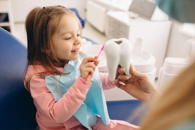 A little girl brushing a giant model tooth at the dentist