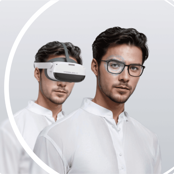 A man trying the OptiAI VR headset beside himself in Stepper glasses